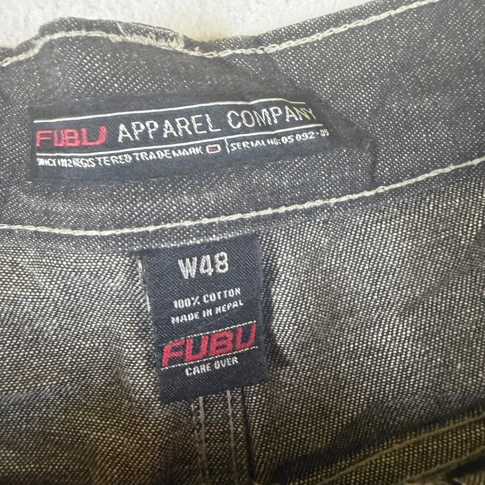 FUBU Mens Baggy Denim Cargo Shorts Dark Wash Contrast Stitch Size 48 Y2K 90s Hi